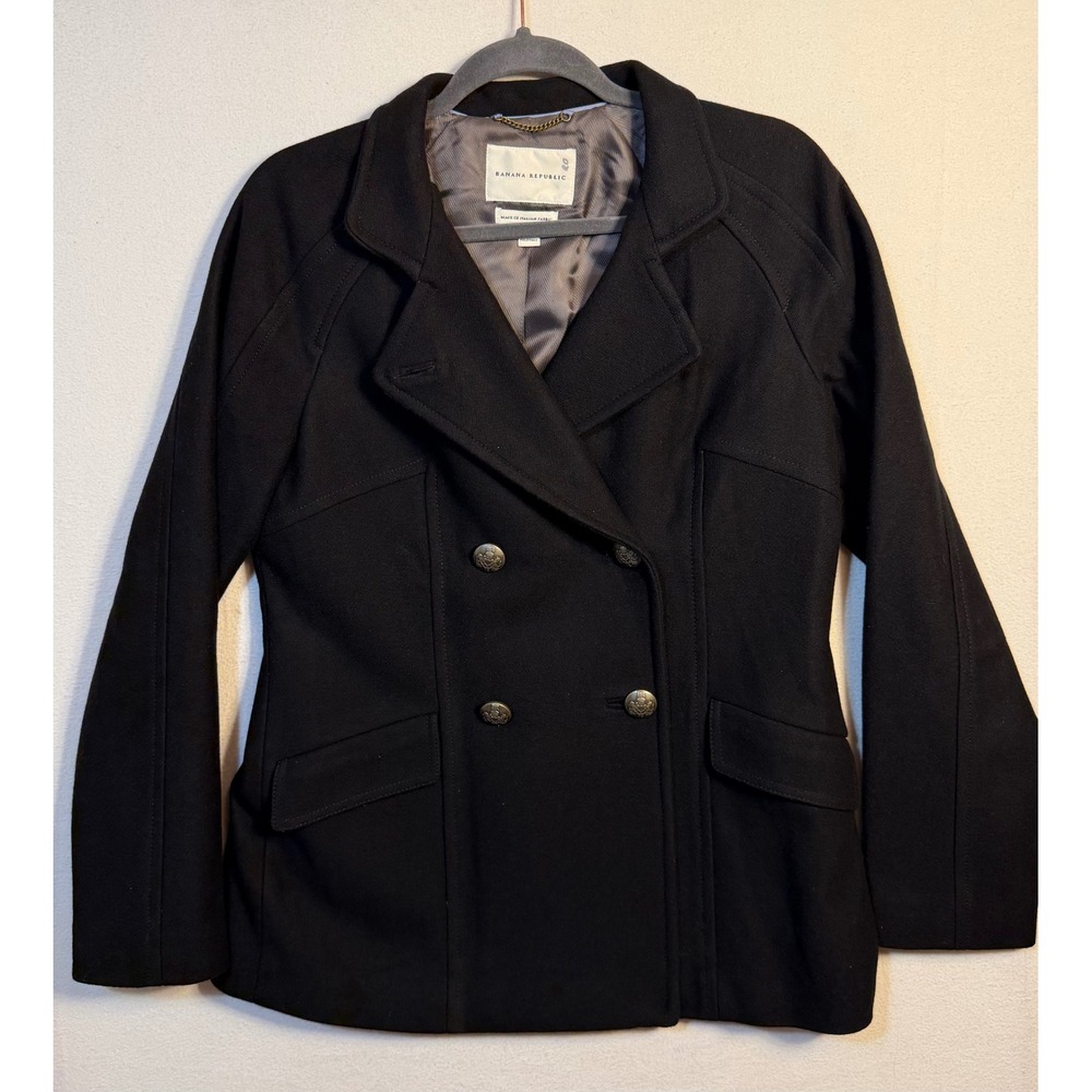 Banana Republic Womens Short Wool Jacket Black Pea Coat Italian Fabric Size M